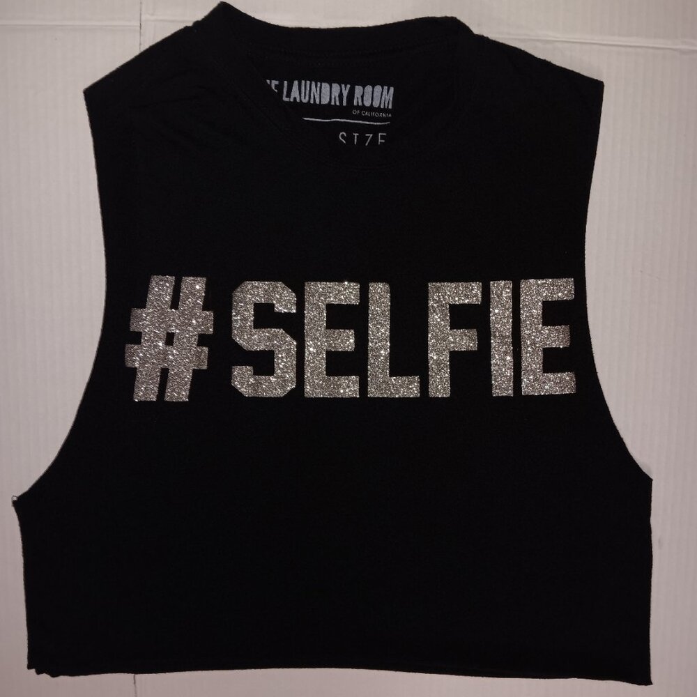 THE LAUNDRY ROOM GLITTER #SELFIE CROPPED TANK TOP COTTON BLEND BLACK SILVER